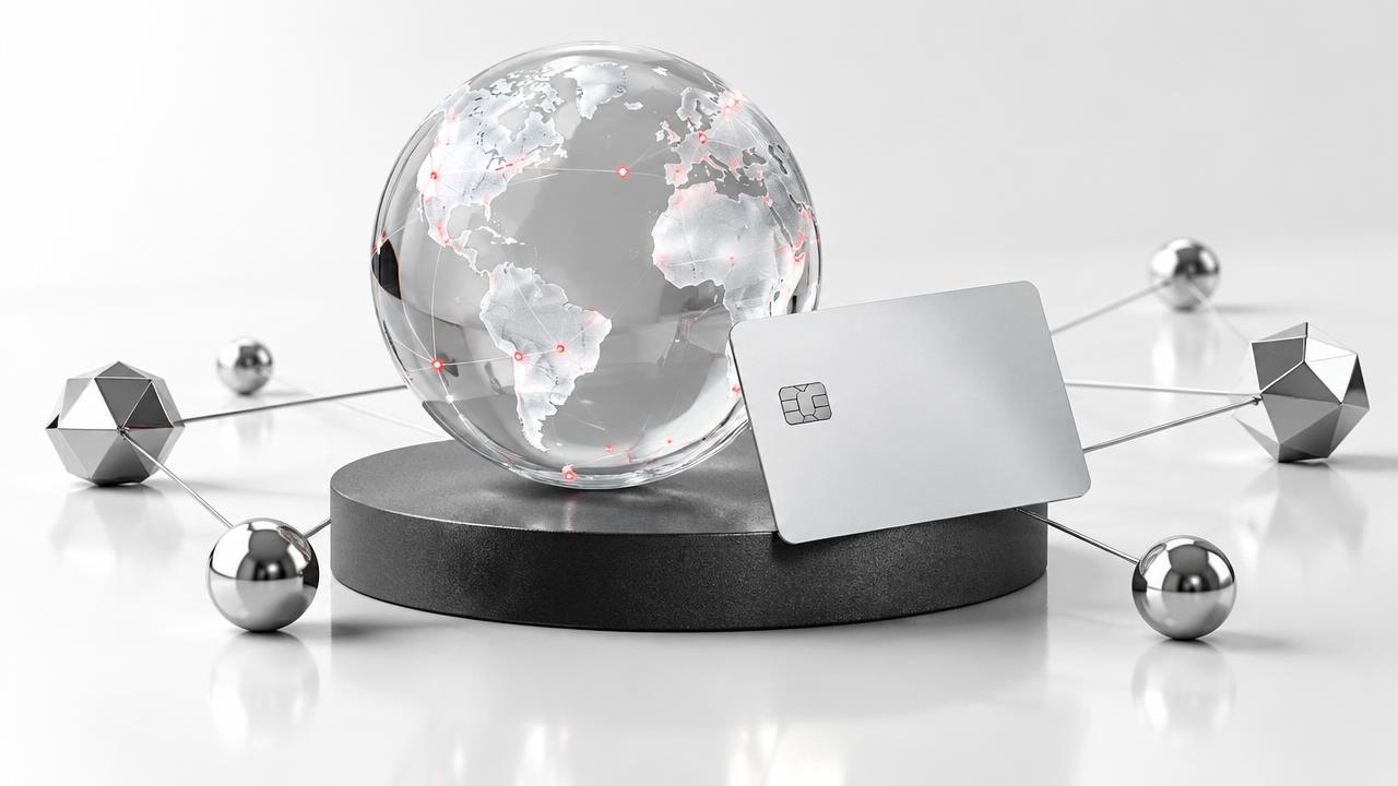 AccountBase global digital access artwork with a glass globe and card