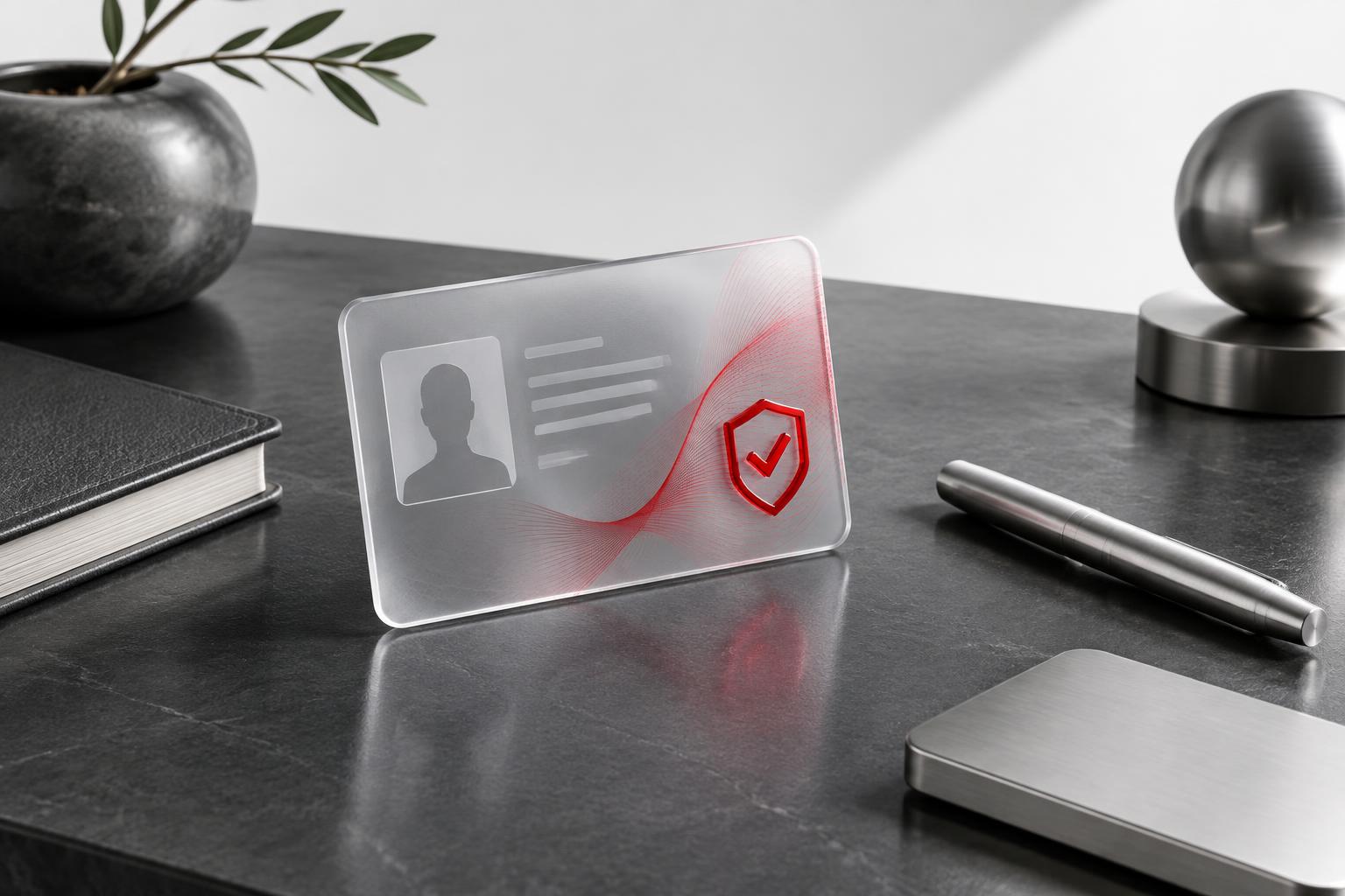 AccountBase identity security artwork with a glass card and red verification symbol